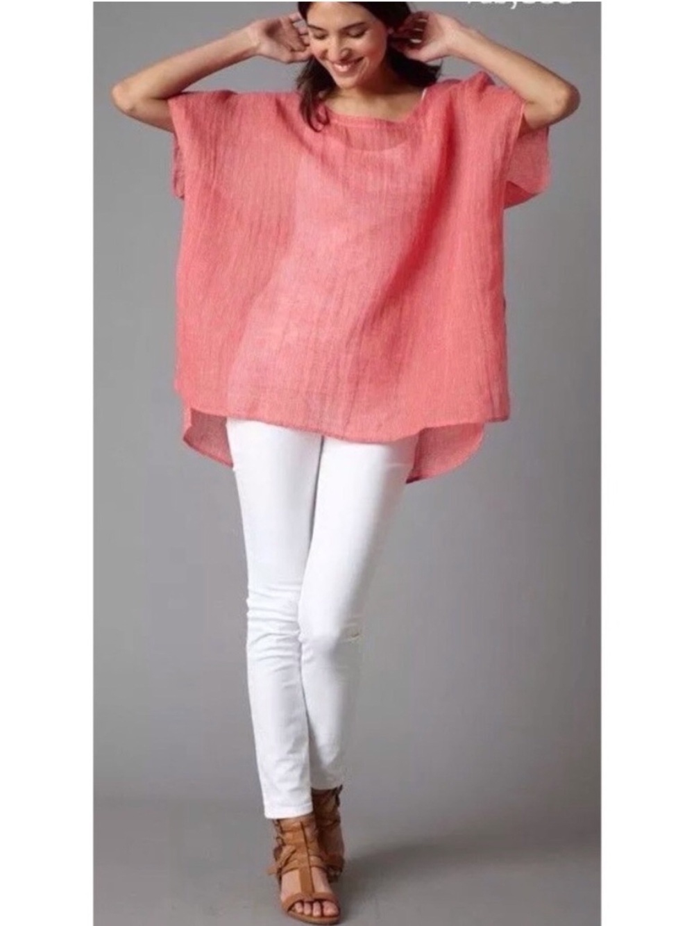 Eileen Fisher Pinstriped Linen Gauze Ballet Neck Boxy Tunic Top in Peony - Picture 2 of 10